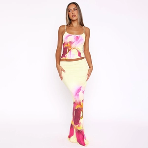 Detail of floral camisole and slim long skirt set with purple iris print pattern