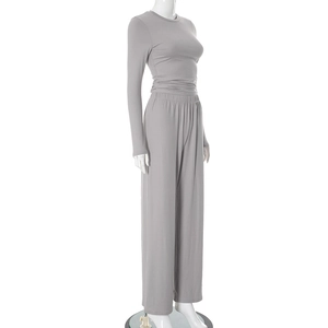 Detail of high-waisted wide leg trousers in soft grey modal blend loungewear set