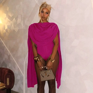Detail of fuchsia sleeveless bodysuit with draped cowl neck and ruched shoulder design
