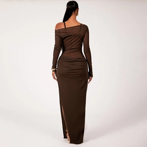 Rear view of sleek off-shoulder brown maxi dress featuring long sleeves and high side slit
