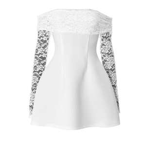 Detailed view of the elegant floral lace sleeves and off-shoulder neckline on the white dress