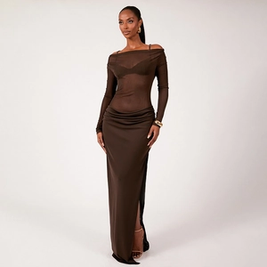 Detail of elegant dark brown off-shoulder dress featuring sheer mesh sleeves and high side slit