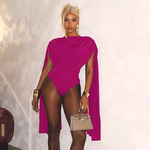 Detail of fuchsia sleeveless bodysuit with high-slit cut and dramatic shoulder cape