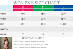 Women's two-piece print set size chart with detailed chest and waist measurements