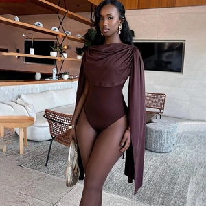 Deep brown sleeveless bodysuit with elegant draped cowl neck and shawl design