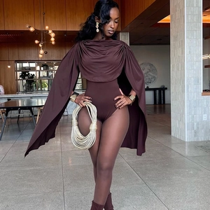 Detail of coffee brown sleeveless bodysuit and draped cape set with golden waist decor