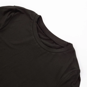 Detail of reinforced double-stitched crew neckline on black cotton long sleeve t-shirt