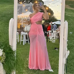 Chic pink one-shoulder dress with side cutout detail and elegant flowing silhouette