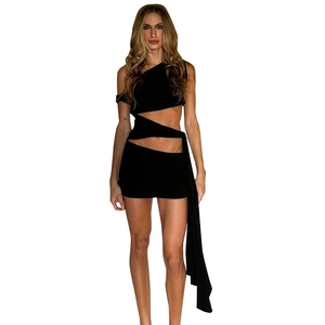 Women's chic black one-shoulder cutout mini dress with flowing long tassel details