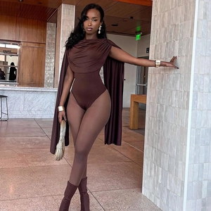 Detail of a chocolate brown sleeveless bodysuit with elegant pleated cowl neck design