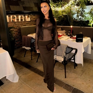 Detail of elegant dark brown sheer mesh long-sleeved dress for evening social events