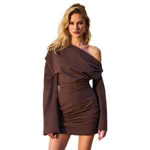 Elegant dark brown one-shoulder long sleeve ruched mini dress with asymmetrical design