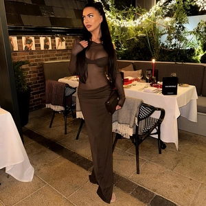 Elegant dark brown off-shoulder mesh top and floor-length skirt evening set for women