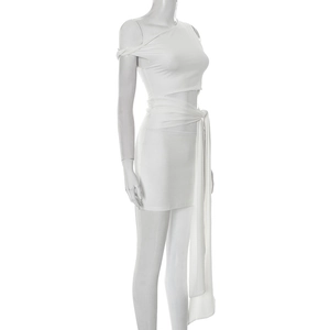 Detail of white off-shoulder mini dress with waist tie and side hollow-out design