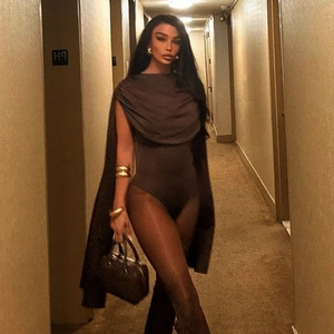 Deep brown sleeveless bodysuit and long shawl set with a slim-fit cowl neck design