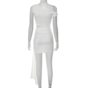 Detail view of white off-shoulder mini dress with mesh train and asymmetrical cutout design