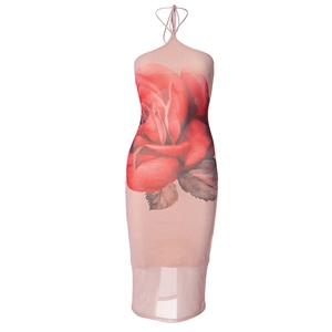 Dettaglio abito rosa a trapezio in mesh con stampa floreale di rosa rossa e vestibilità slim