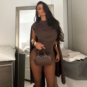 Deep coffee sleeveless cowl neck bodysuit and long slit cape set for modern women