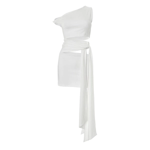 Detail of white one-shoulder mini dress featuring waist cutout and long tie-up ribbons