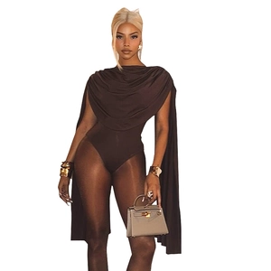 Sleeveless dark coffee bodysuit with draped cowl neck and long cape-style shawl sleeves