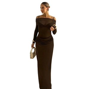 Elegant off-shoulder long-sleeved mesh maxi dress in dark brown with sheer detailing
