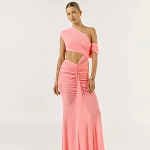 Elegant one-shoulder cutout evening gown in bright light pink with pleated details