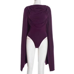 Detailed view of dark purple sleeveless bodysuit with cowl neck and long cape design