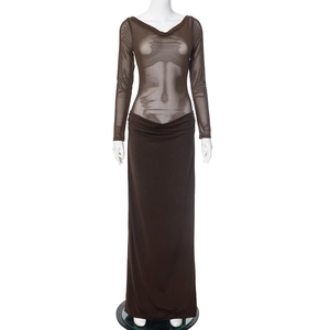 Detail of sheer brown mesh long sleeves and high neck texture on a fitted maxi dress