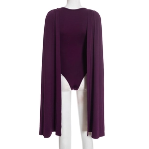 Rear view of a dark purple sleeveless bodysuit with long floor-length draping cape detail