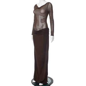 Close-up of chocolate brown off-shoulder mesh stitching and waist ruching detail