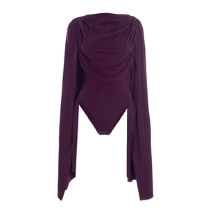 Detail of elegant cowl neck and long cape slit sleeves on deep purple bodysuit