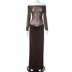 Detail of off-the-shoulder mesh long sleeve dress with sheer bodice and floor-length skirt