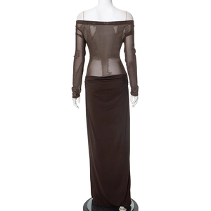 Detail of sheer brown mesh off-shoulder bodice and solid maxi skirt with waist ruching