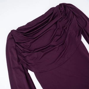 Detail of the elegant cowl neck design on a burgundy sleeveless bodysuit for women