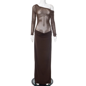 Detail of sheer mesh long sleeve and one-shoulder neckline on dark brown maxi dress