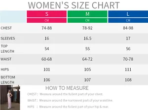 Detailed size chart for women's long sleeve lounge set with measurement guide in CM