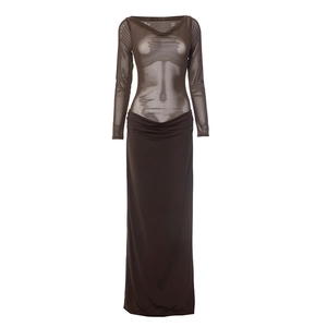 Detail of coffee brown off-shoulder dress featuring sheer mesh sleeves and a sleek long skirt