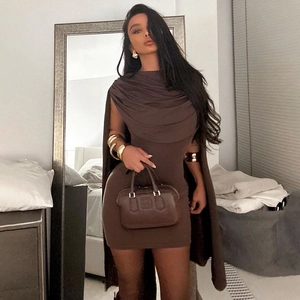 Sexy Cowl Neck Cape Sleeve Mini Dress For Women Ruched Bodycon Party Club Outfits Solid Color Polyester Spandex Dress