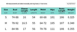 Detailed size chart for women long sleeve top and wide leg trousers set including measurements