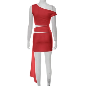 Detail of red one-shoulder mini dress with waist cutout and stylish side ribbon
