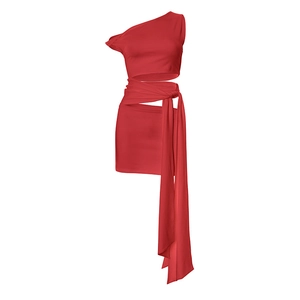 Detail of red off-shoulder mini dress with waist cutout and long ribbon design