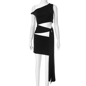 Detail of black one-shoulder cutout mini dress featuring adjustable criss-cross waist ties