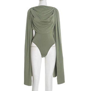Detail of sage green cowl neck bodysuit with elegant draped cape sleeves and sleek fit