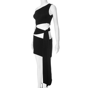 Detail of black off-shoulder two-piece dress with waist tie and hollow-out design