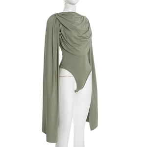Detail of olive green cowl neck bodysuit featuring long flowing cape style sleeves
