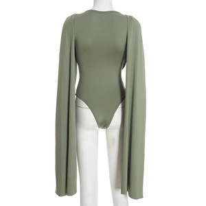 Detail of sage green bodysuit featuring unique floor-length cape sleeves and high-cut back