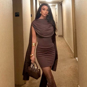 Slim fit dark brown bodycon dress with draped cowl neck and matching long shawl accessory