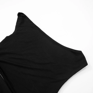 Close-up detail of the elegant one-shoulder neckline on this slim fit black summer dress