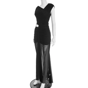 Detail view of the elegant black sleeveless dress with waist cutout and mesh skirt layer