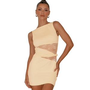 Slim fit cream yellow sleeveless dress with lace patchwork and waist cutout detail